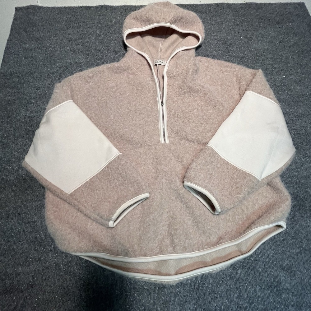 Easy Clothes Boxy Hi Lo Fuzzy 1/4 Zip Cozy Hoodie Tan Cream Funky One Size